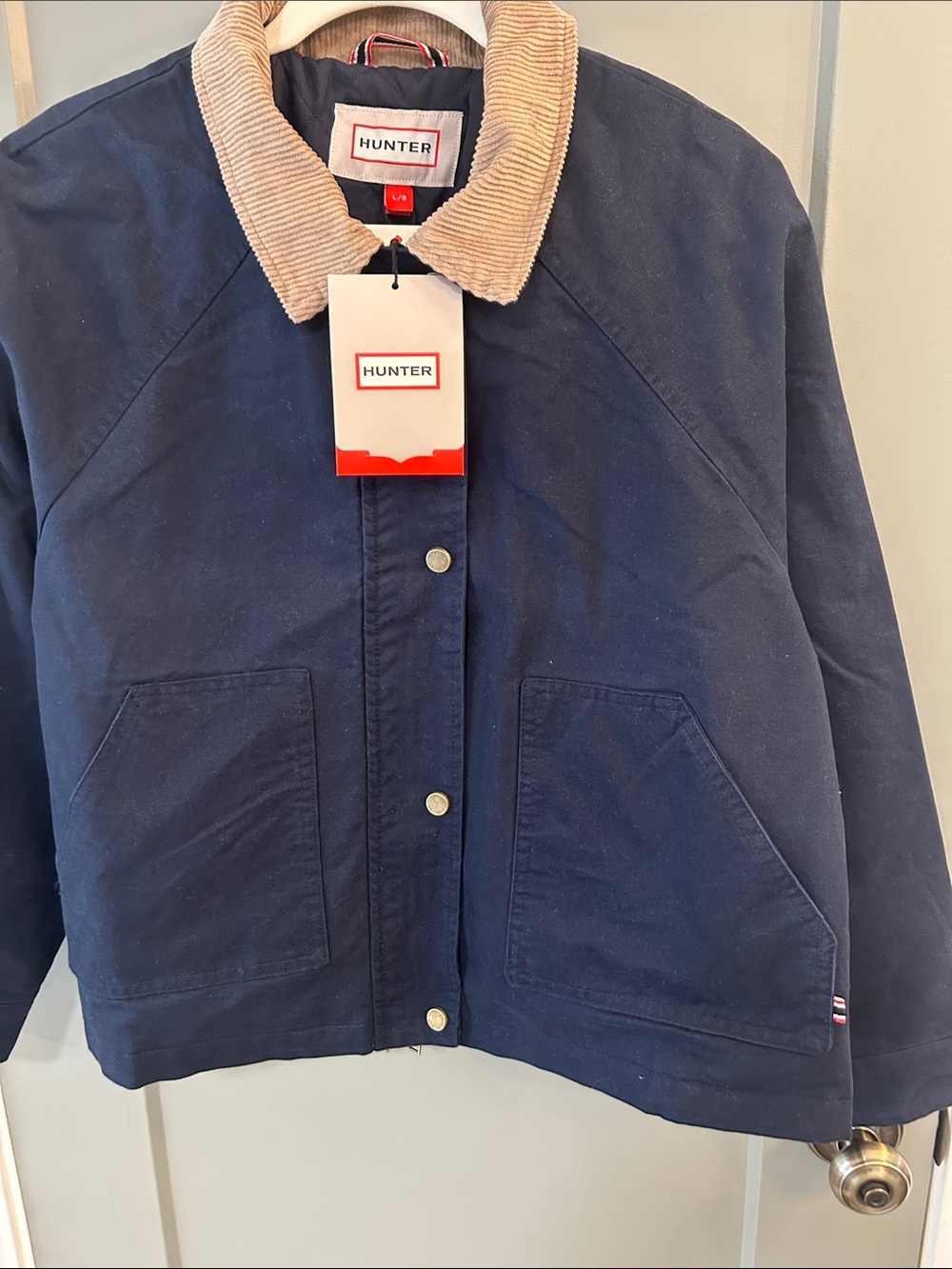 Hunter Navy women’s  Jacket with Tan Corduroy Collar Size large New! - Picture 3 of 8